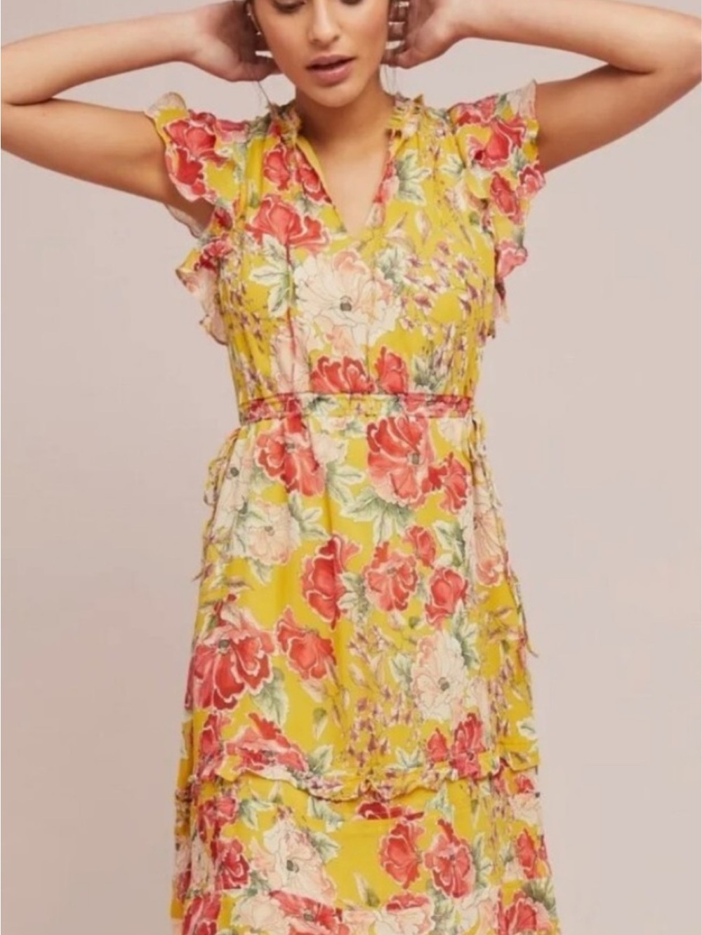 Dolan Silk Yellow Floral V-Neck Ruffle Midi Dress with Pink Blooms